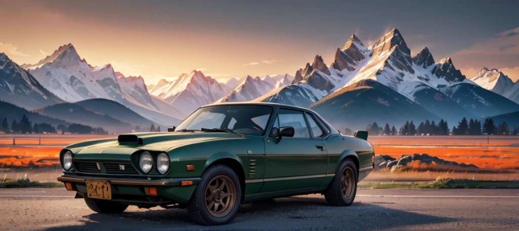 (RAW photo, best quality), (Realistic: 1.3), masterpiece, beautiful and aesthetic, 16K resolution, (HDR: 1.4), high contrast, (Vibrant color: 1.4), (Muted colors, dim colors, soothing tones: 0), cinematic lighting, ambient lighting, sidelighting, exquisite details and textures, cinematic shot, warm tone, (Bright and intense: 1.2), centered shot, by xm887, ultra-realistic illustration, siena natural ratio, pine green bronze color old sports car prominently positioned at the center of the image on the abandoned airfield, with a red single-engine prop aircraft and mountains in the background