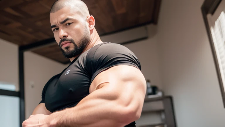 (Highly detailed 8K wallpaper), asian man, muscle worship, fold your arms, On the playground, baseball uniform, high detail, very short hair, skin head, Circular cut, very large and strong body, bulging muscles, muscular, very large pectoral muscles. Very sexy abs, legs are muscular, Toned figure, brightens oily skin, muscular, Tank top, T-shirt, long shot, wide shot