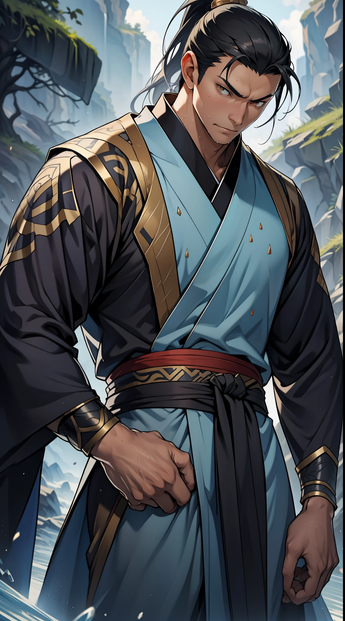 two-dimensional, anime style, man (male warrior), muscle, correct proportions, facial details, martial arts, high ponytail hairstyle,neck detail, with Adam's apple,, Hanfu costume, black toga, Embroidered robes, Robes, clothing details, collar, long sleeves, Game quality, swordsman demeanor, Ray tracing, Ray tracing, detailed glow, CG rendering, hair details, long black hair, golden eyes,, Handsome, Handsome,, (Youthful feeling), intricate clothing, wet, wet, perfect composition, refine, high quality, more details, many details, complex background, atmosphere,