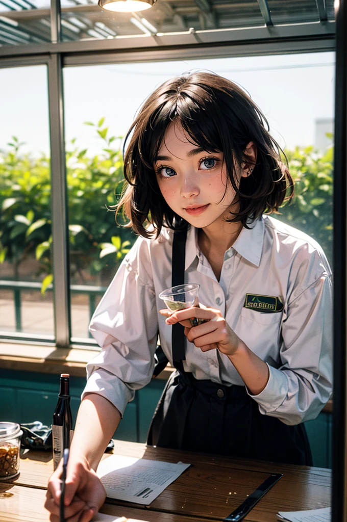 a female zoo administrator, 22yo, youthful, Wearing neat work clothes, She feeds and cleans the cage for the animals every morning to ensure a good living environment, Super high saturation, bright and vivid colors, Smile, high details, super detail, highres, (best quality, masterpiece, Representative work, official art, Professional, 8k)