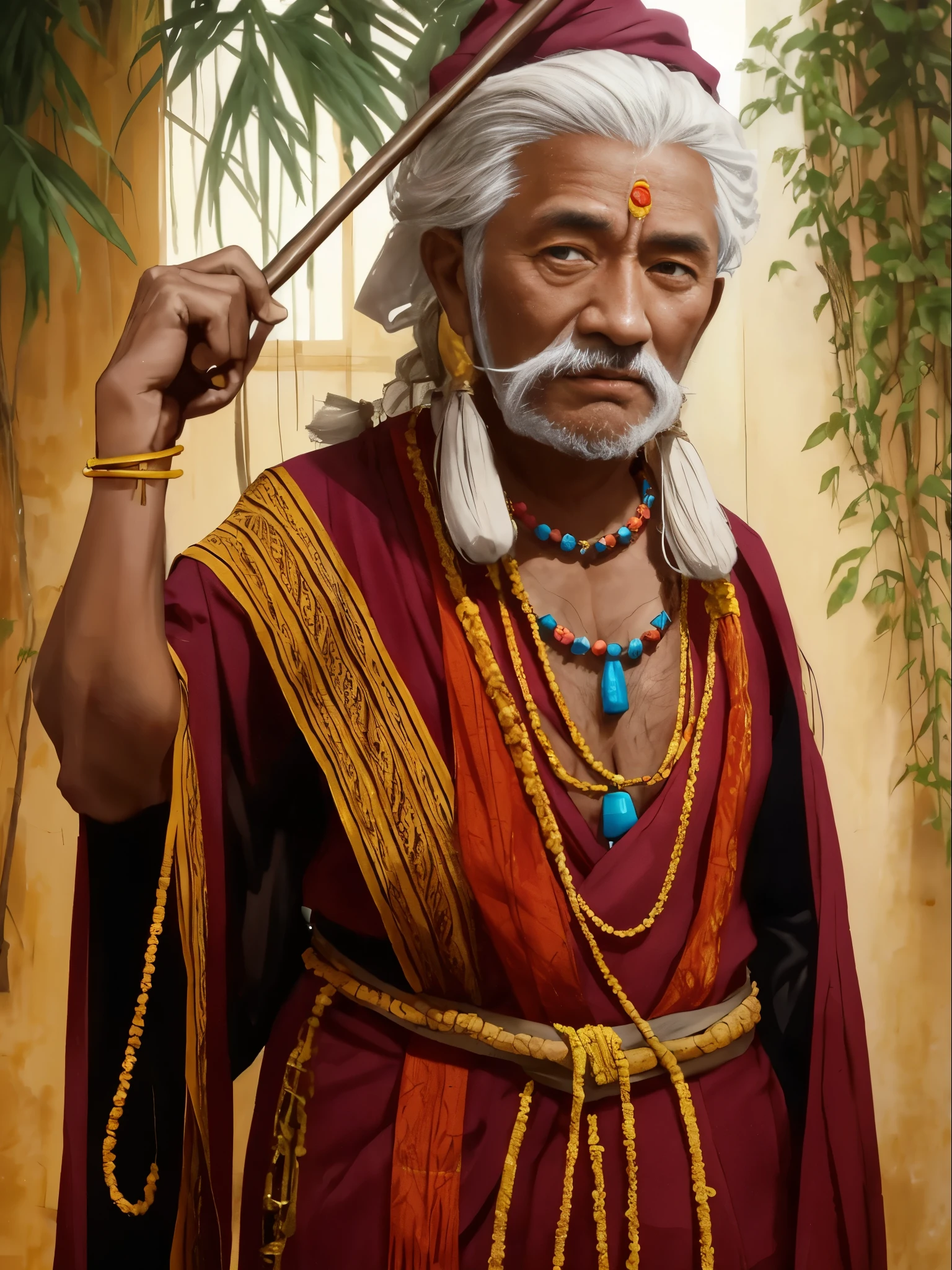 arafed elder with a necklace and a cloth around the body standing, shot on canon eos r5, shot on canon eos r 5, shot with sony alpha, portrait of an old wise man, aged himalayan, captured on canon eos r 6, wearing a tribal elder outfit, shot with sony alpha 1 camera, old man, body paint, patterned design, holding a cane, dark skin, short hair, no beard