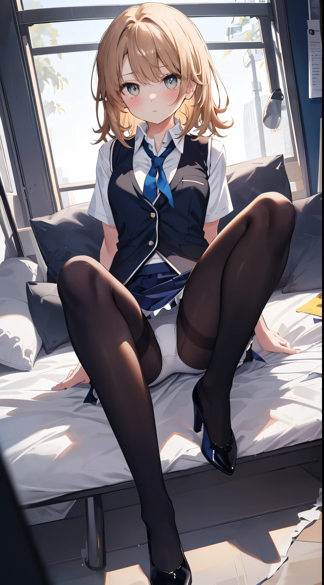 finest, masterpiece, High resolution, (Full body view from head to toe), front, frontやや下からの構図, Symmetrical, 18 year old girl, alone, (whole body from head to toe), small breasts, brown hair, slightly messy hair, bangs, (black tights), ( (black pantyhose), black pantyhose, (bondage), (spread legs), (tie one's hands behind one's back), (Her legs are spread and her white panties are visible between her legs.), composition show me your white panties, slender beautiful legs, とても美しい18 year old girl, (navy high heels), blush, shy big eyes, messy hair, looking at camera, show me your white panties, Hide your arms behind your back, dark blue office lady uniform, Dark blue pencil skirt, navy blue vest, beige cardigan
