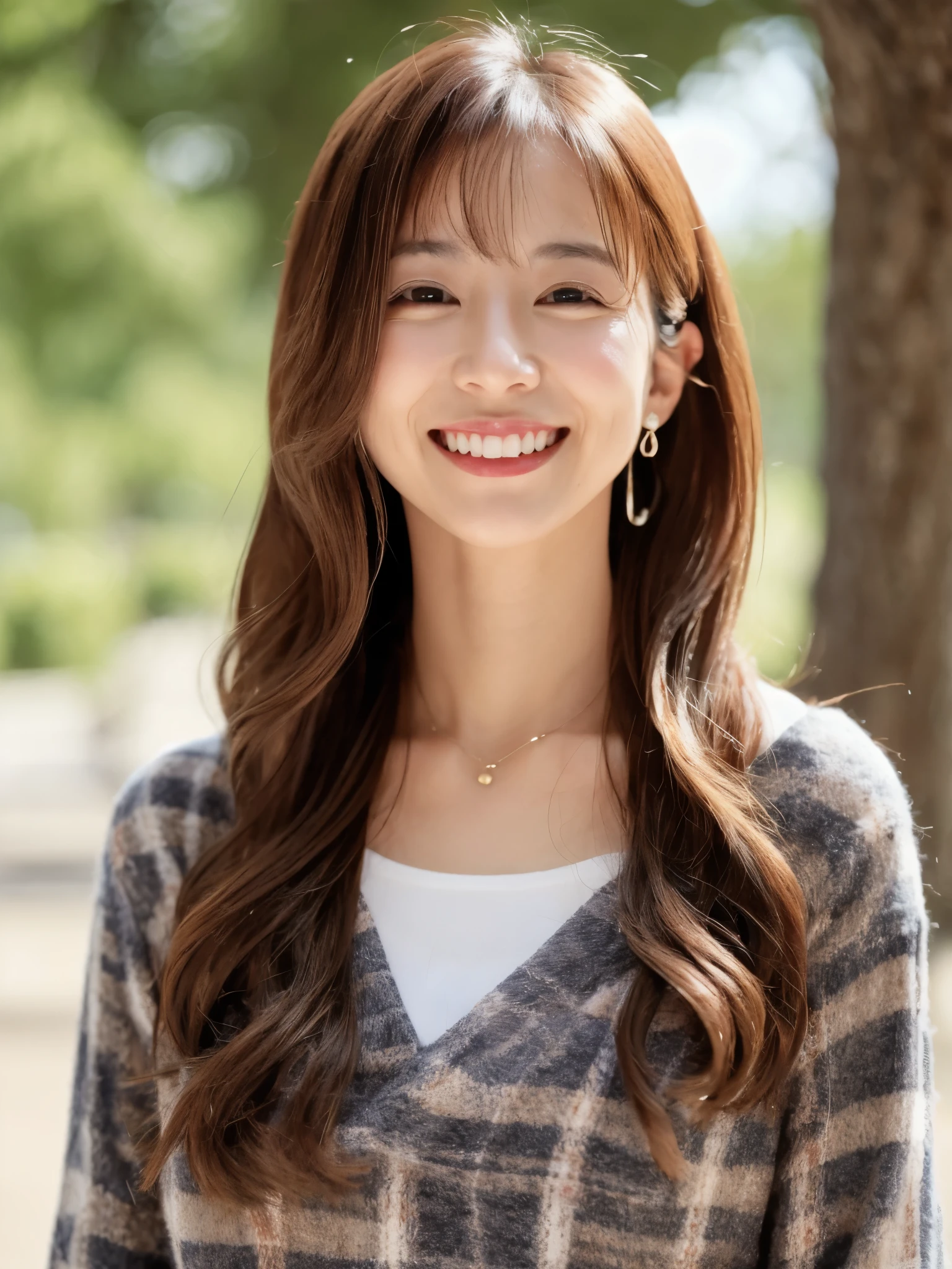 Slender Japan woman、long hair、30age、smile、wood々sunlight is shining between