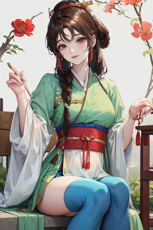 masterpiece, best quality, 1 The male protagonist lies on his wife’s swollen belly and becomes an adult, Chinese style, China, elder sister, Smile, brown hair, princess cut, Single fried dough stick braid,Red tights,Full of motherhood,Hanfu,