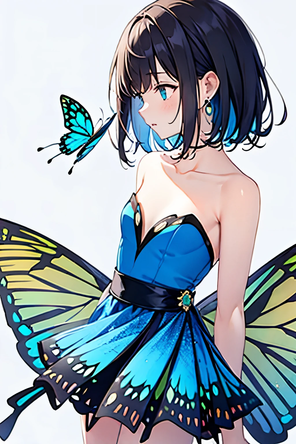 1girl, bangs, bare_arms, bare_shoulders, blue_butterfly, blue_dress, bug, butterfly, butterfly_on_hand, butterfly_wings, collarbone, dress, earrings, grey_background, jewelry, looking_away, multicolored_hair, profile, short_hair, solo, strapless, strapless_dress, wings, yellow_butterfly