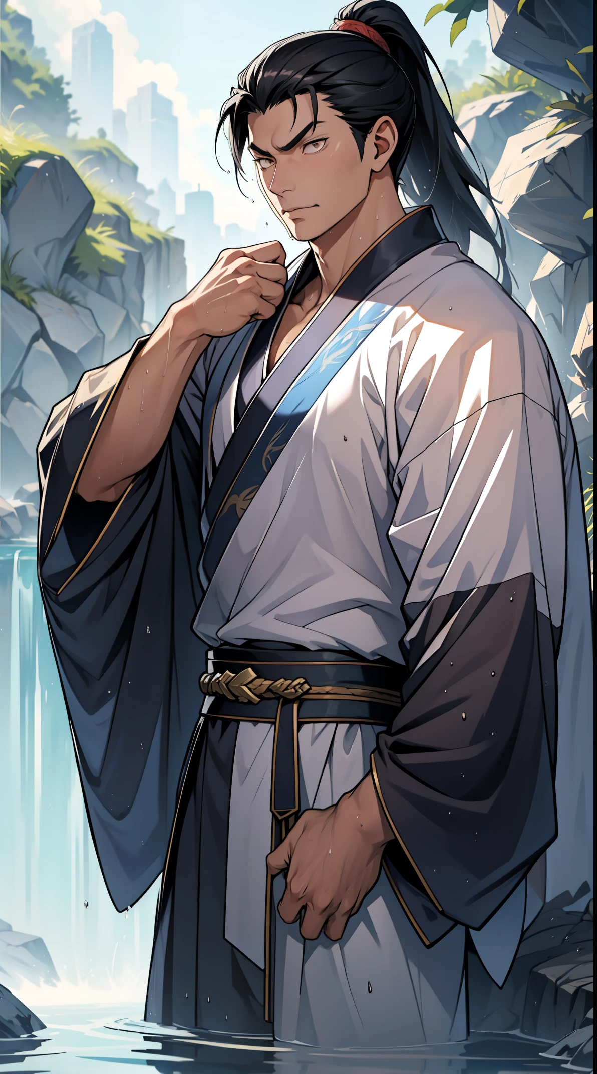 two-dimensional, anime style, man (male warrior), muscle, correct proportions, facial details, martial arts, high ponytail hairstyle,neck detail, with Adam's apple,, Hanfu costume, black toga, Embroidered robes, Robes, clothing details, collar, long sleeves, Game quality, swordsman demeanor, Ray tracing, Ray tracing, detailed glow, CG rendering, hair details, long black hair, golden eyes,, Handsome, Handsome,, (Youthful feeling), intricate clothing, wet, wet, perfect composition, refine, high quality, more details, many details, complex background, atmosphere,