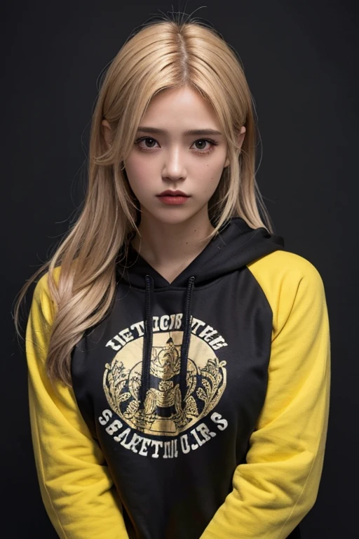 1 chica rubia de pelo corto y sudadera negra con ojos grises