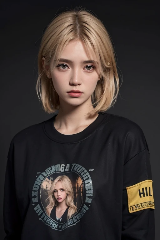 1 chica rubia de pelo corto y sudadera negra con ojos grises