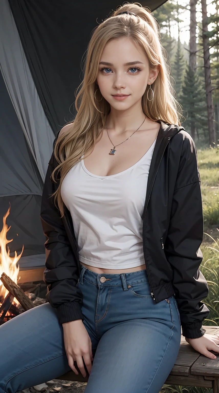 22 year old white female、Hair color is platinum blonde、blue eyes、long hair、straight hair、ponytail、accessories on wrist、wearing a necklace、has earrings、skin is smooth、Slender but muscular body、smile、wearing windbreaker、wearing jeans、Lighting a fire in front of a tent in the forest、Sitting on a folding chair in front of a bonfire and holding a stainless steel cup、it&#39;s night