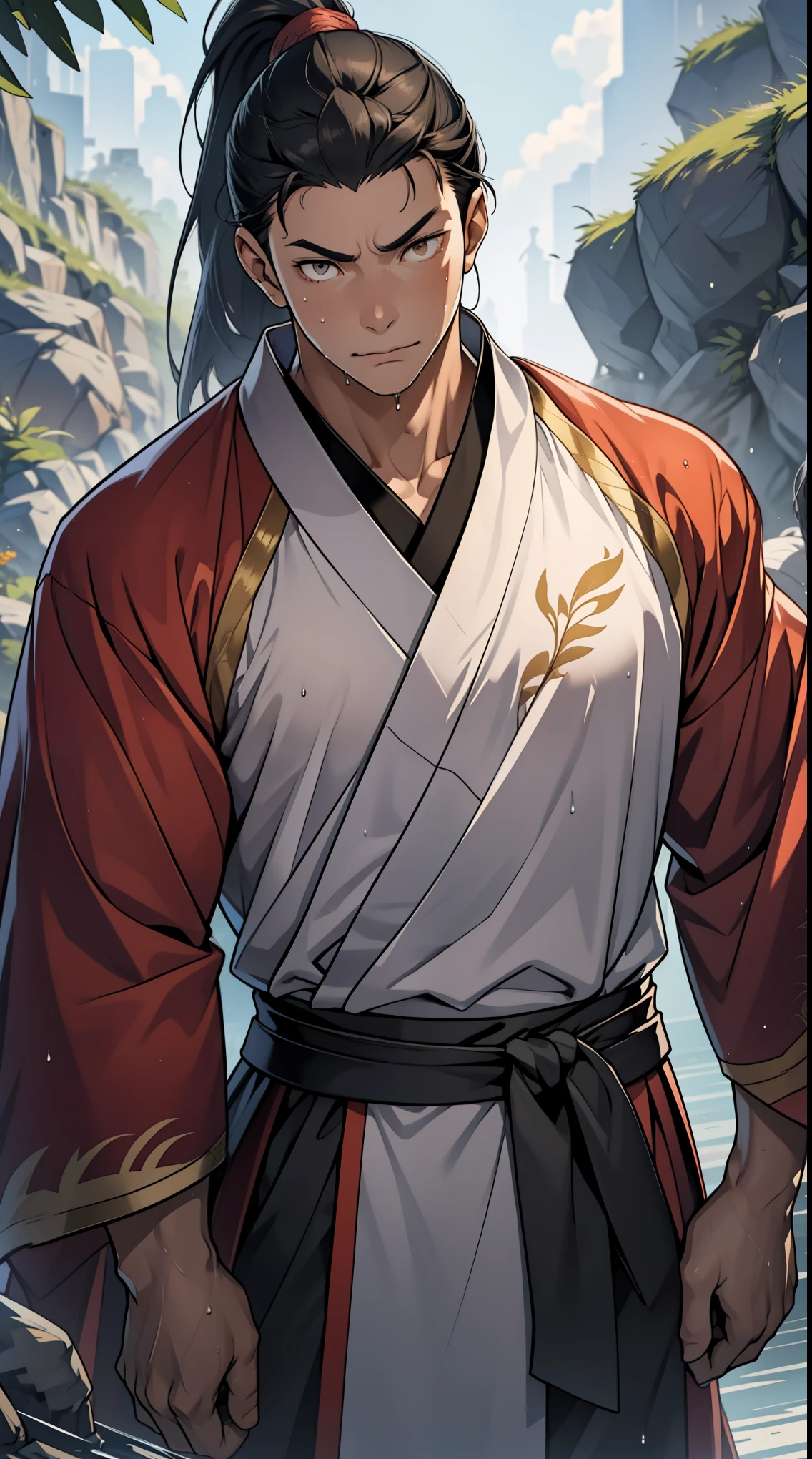 two-dimensional, anime style, man (male warrior), muscle, correct proportions, facial details, martial arts, high ponytail hairstyle,neck detail, with Adam&#39;s apple,, Hanfu costume, black toga, Embroidered robes, Robes, clothing details, collar, long sleeves, Game quality, swordsman demeanor, Ray tracing, Ray tracing, detailed glow, CG rendering, hair details, long black hair, golden eyes,, Handsome, Handsome,, (Youthful feeling), intricate clothing, wet, wet, perfect composition, refine, high quality, more details, many details, complex background, atmosphere,
