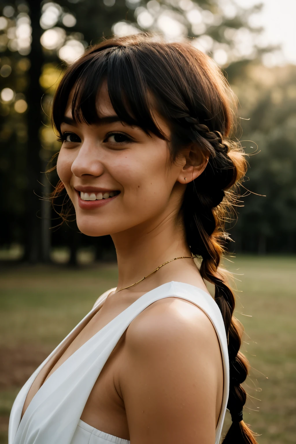 Sardas, Corpo Inteiro, streaked hair, red hair, bangs, braid, smiley, cinematic lighting, depth of field, blurry foreground, UHD, ccurate, super detail, high details, best quality