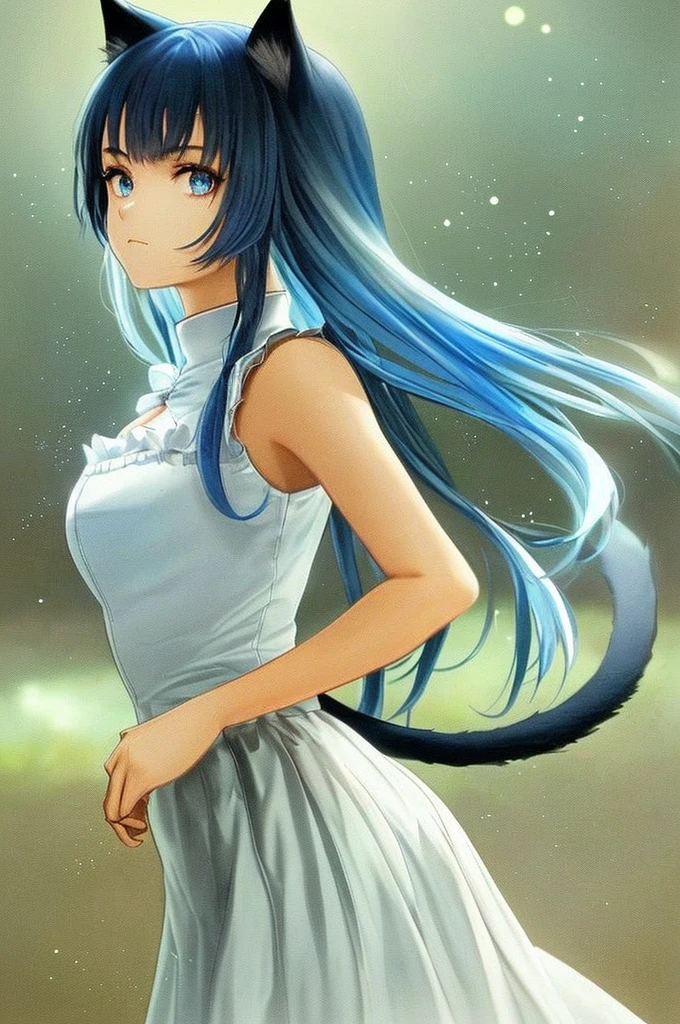 A girl with cat ears and a cat tail, beautiful blue hair, wearing a white shirt. The girl is in an artistic setting, reminiscent of an anime-style portrait. The image quality should be of the highest level, with ultra-detailed features and sharp focus. The colors should be vibrant and vivid, adding to the overall aesthetic. The lighting should be well-balanced, with studio lighting that enhances the girl's appearance. The image should have a touch of fantasy and an anime-inspired art style.