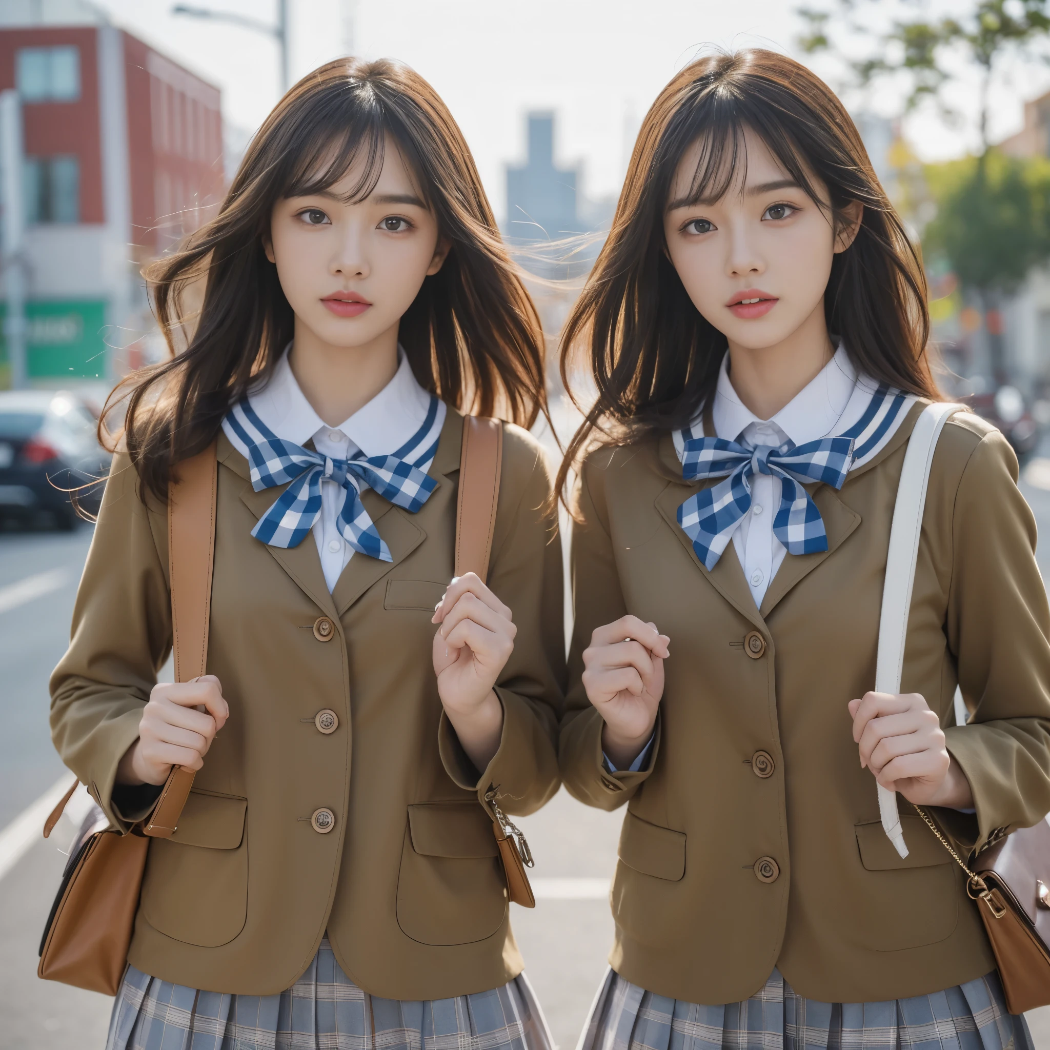 (RAW photo:1.2), (realistic), beautiful detailed girl, very detailed eyes and face, beautiful and fine eyes, huge file size, High resolution, very detailed, highest quality, [table top:1.6], figure, very detailed, small details, highest quality, 8k wallpaper, movie lighting,2 15 year old female students, School zone, Walk alongside, Carry the bag on your back,  bright look, school uniform,  long hair fluttering in the wind, Because I&#39;m slender, young face, small chest
