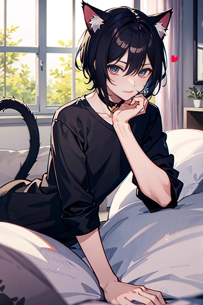 1male孩, male人,male, Short hair details, black hair, Cat ear,cat tail,heart-shaped,bedroom,