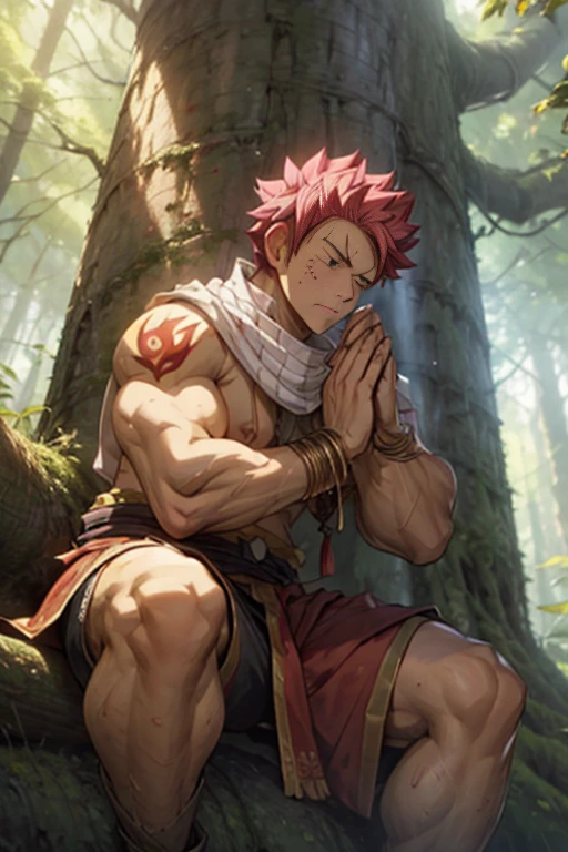 View of handsome Natsu Dragneel sowing rice seeds in a farmland of rice. His body is muscular and fit ripped, he is shirtless with muscular pecs and and. He is wearing a white cloth around his waist, white dirty gloves and a silver necklace. He is working hard in the field planting seeds . Side view of him planting rice seeds. He is working very hard and sweating profusely. The scene is of a rice farm with blue sky and bright sun visible. He has an expression of stress and his muscles are working hard as well. He has fiery pink hair just like Natsu Dragneel with a red tattoo on shoulder