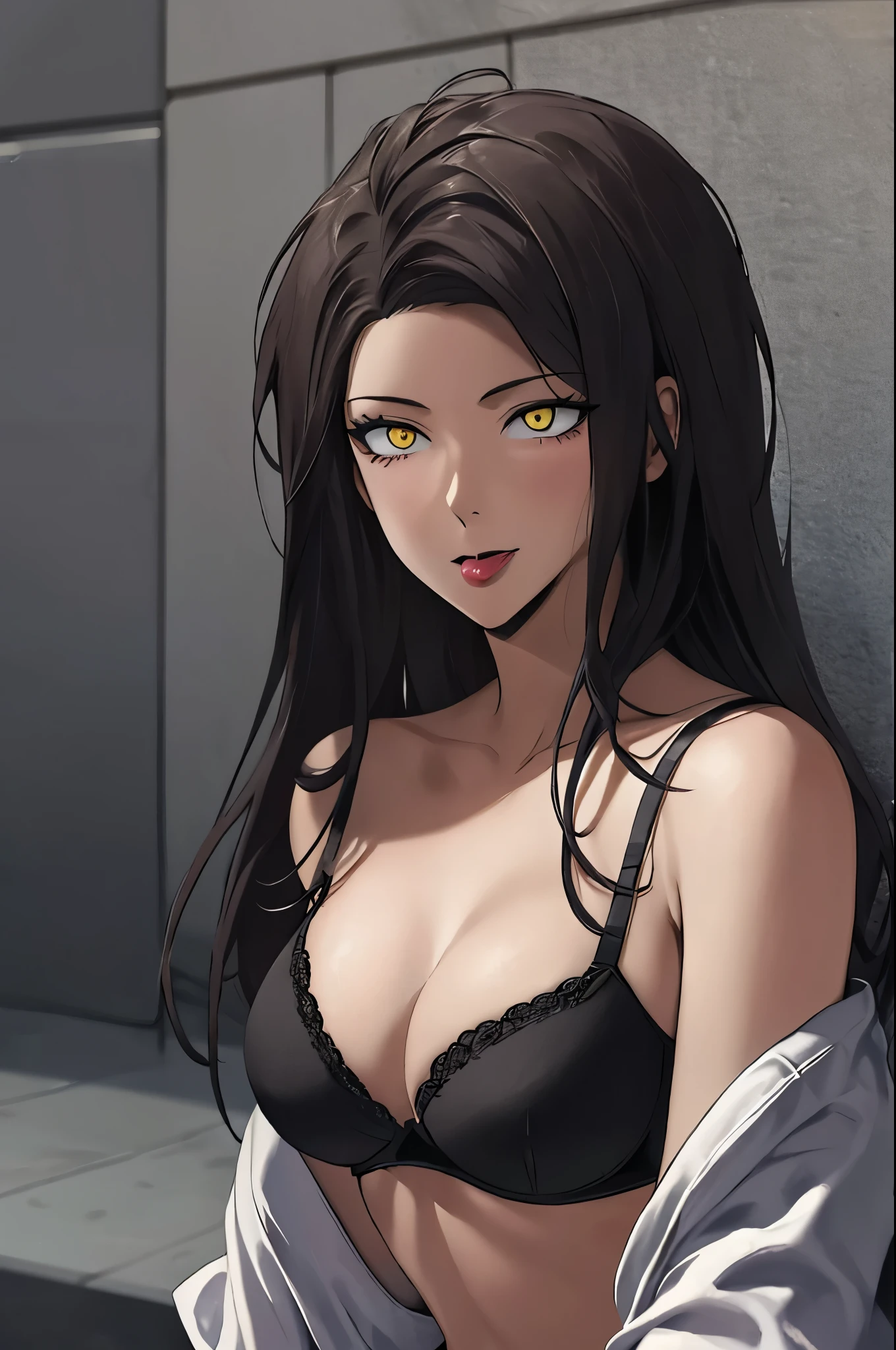 black hair,yellow eyes,(bra,shorts),perfect eyes,best quality,ahg rolling eyes tongue,(blush)
