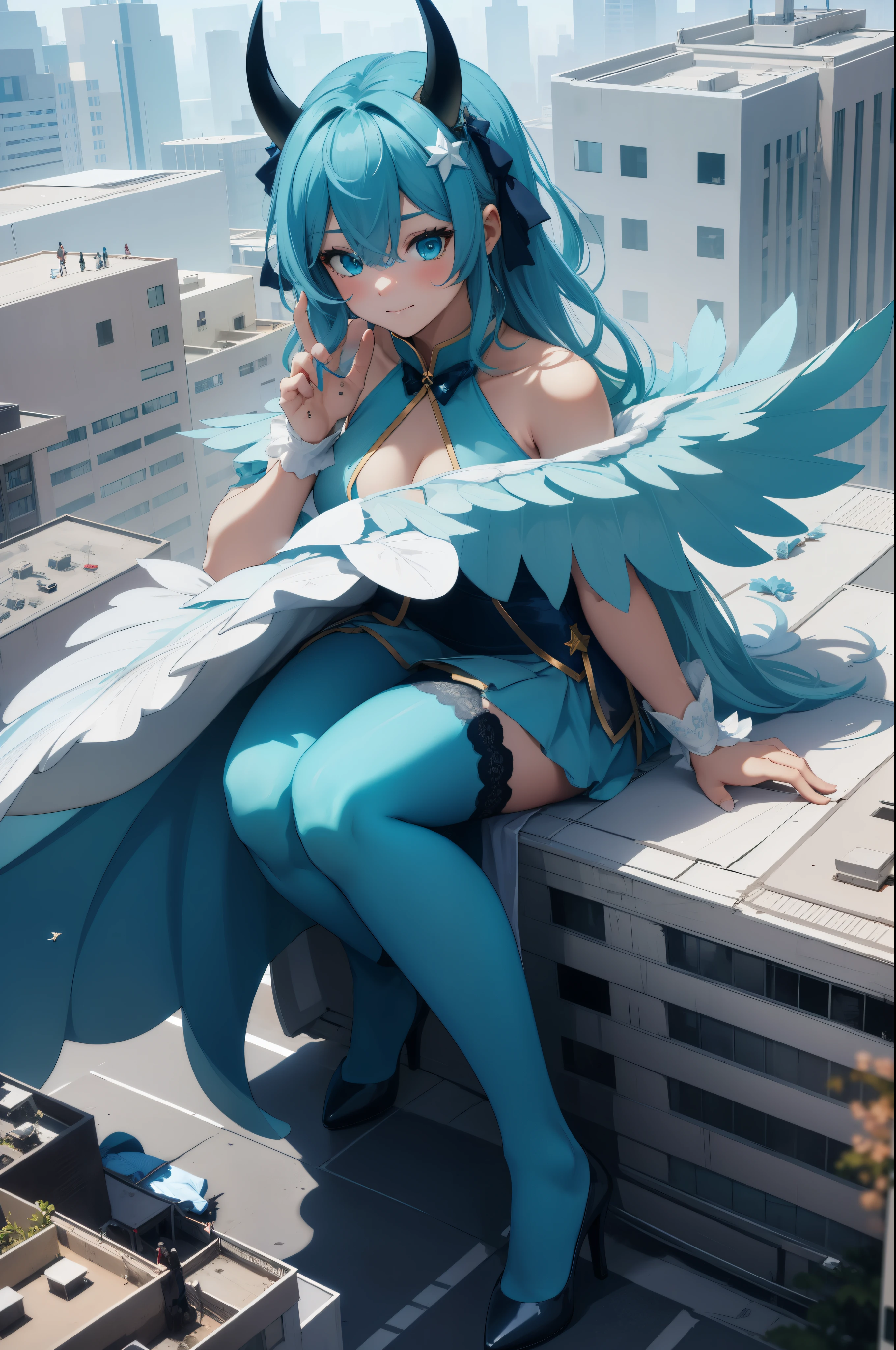 Aerial View,giant girl 50,000 feet high,Weight 1000kg,Has a pair of huge blue angel wings,With huge devil horns on his head,Has waist-length blue hair,loose hair,blue wavy hair,cyan crown,Wearing a pair of cyan Mary Jane high heels,cyan lace gloves,Cyan lace pantyhose,Bow and star embellished tights,青色蕾丝whole body,Standing tall above the small town,Beautiful appearance,Exquisite makeup,quality,8k,高quality,Perfect proportion, Cinema lighting,film grain,Fuji colors,8k,textured skin,Super details,high detail,high resolution,fake smile,blood stains,脚底有blood stains,whole body,fat,feather