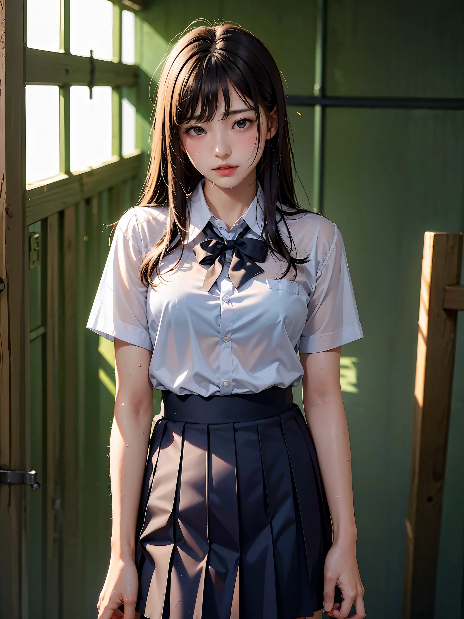 Masterpiece, High image quality, High quality, Detailed skin, cowboy shot, school uniform are wet and transparent, the whole body is damp with sweat