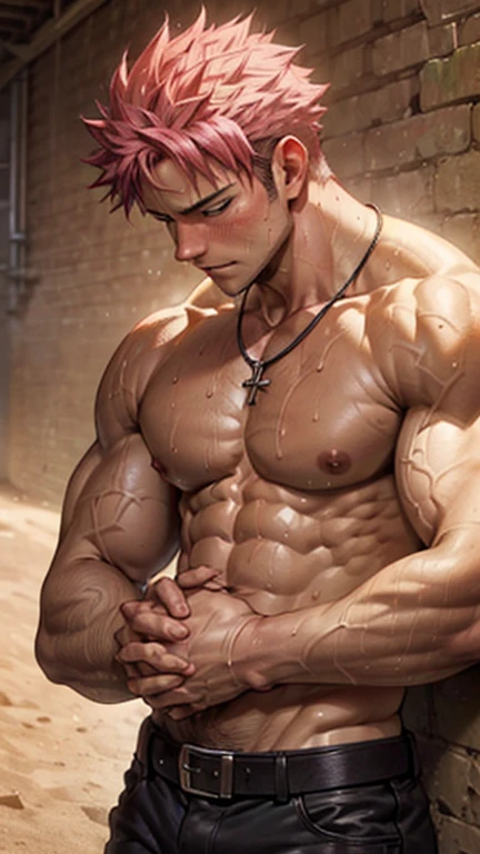 2boy ,gay couple,Natsu Dragneel and Gray Fullbuster kissing, ((upper body)), passionate blushing,  desert background, muscular body with washboard abs and pecs with pink nipples, sweating bodies and rugged rms and legs, holding waist embracing, arms embracing, necklace, ((good hands:1.2, good arms:1.2))