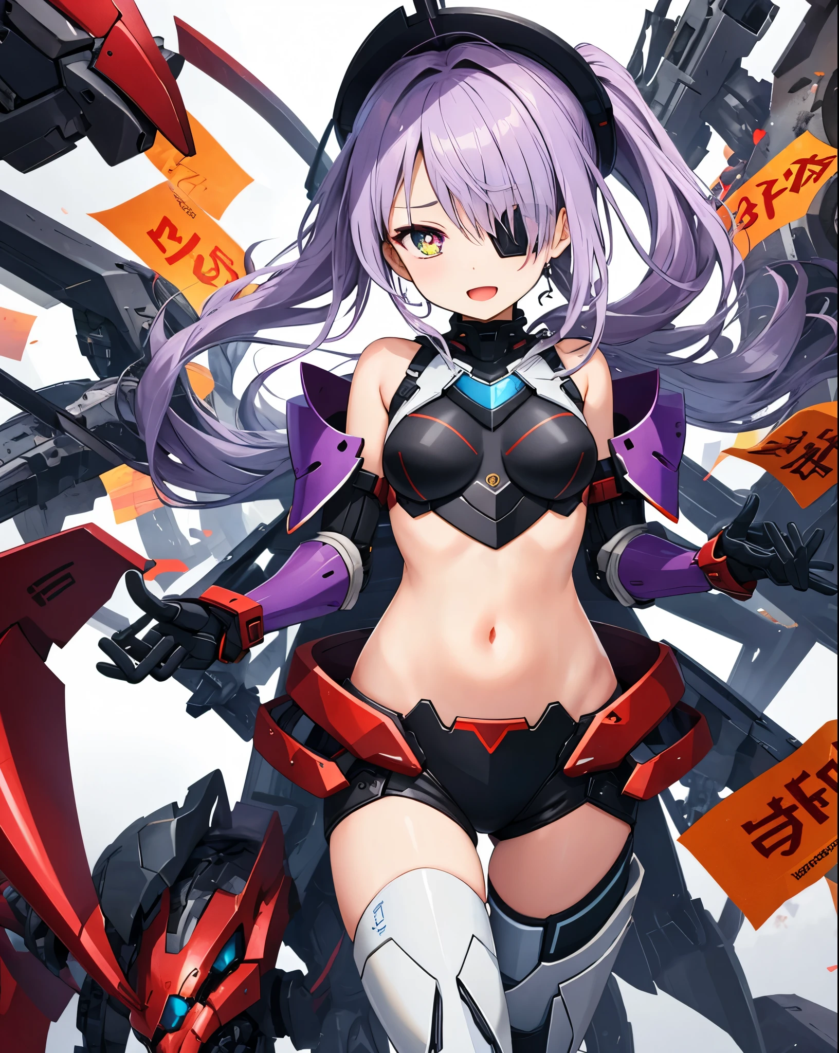 Japanese_anime_style,1figure_girl,(loli:1.5), (short_ponytail:1.3), (light_whitish_purple_hair:1.3),black_mechanical_armor_parts,white_breasts_parts_red_black_body_suit,bare_shoulder,bare_slender_thighs,medium_breasts,on_the_desk, desk_background,Stinging_eyes,(half_pupil:1.5),sleepy,thighhigh_greaves,gauntlets,dynamic_posing,bare_frank,metal_red_parts_armor,red_eye,
fists,hold_weapon,glare,navel,large_mechanical_parts,happy,waist_armor,open_mouth,rise_legs,apart_legs, (covered_navel:1.3),(very_long_bangs:1.3), (hair_over_one_eye:1.5),(long_bang_covers_right_half_of_face:1.5),
(covered_pussy:1.1),covered_breasts,armpits,