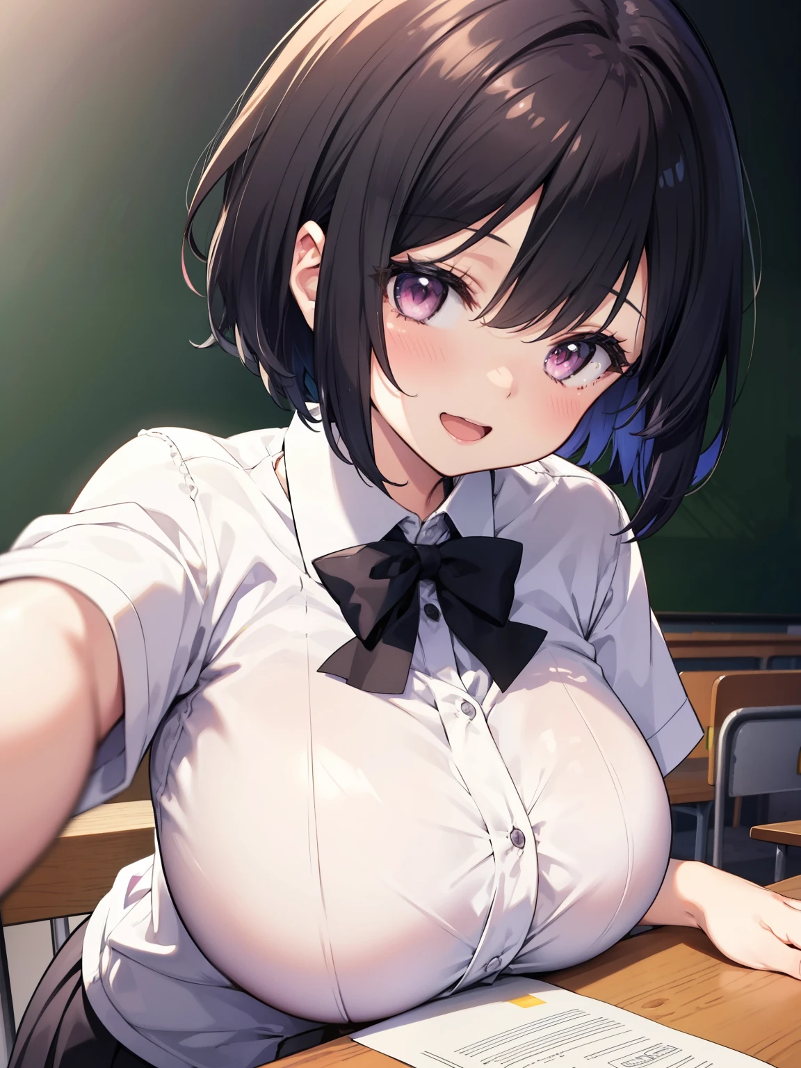 (muste piece, best quality, High resolution, ticker, perfect pixel, Depth of bounds written, In 4K), 
1 girl, solo, Lori, beautiful anime girl, 
Looking at Viewer, 
perfect body,  

short hair, black hair, pink eyes, 

smile,  open mouth, blush, 

JK huge tits, white shirt, large boobs, blue ribbon, 
classroom, 

pov, close shot, 