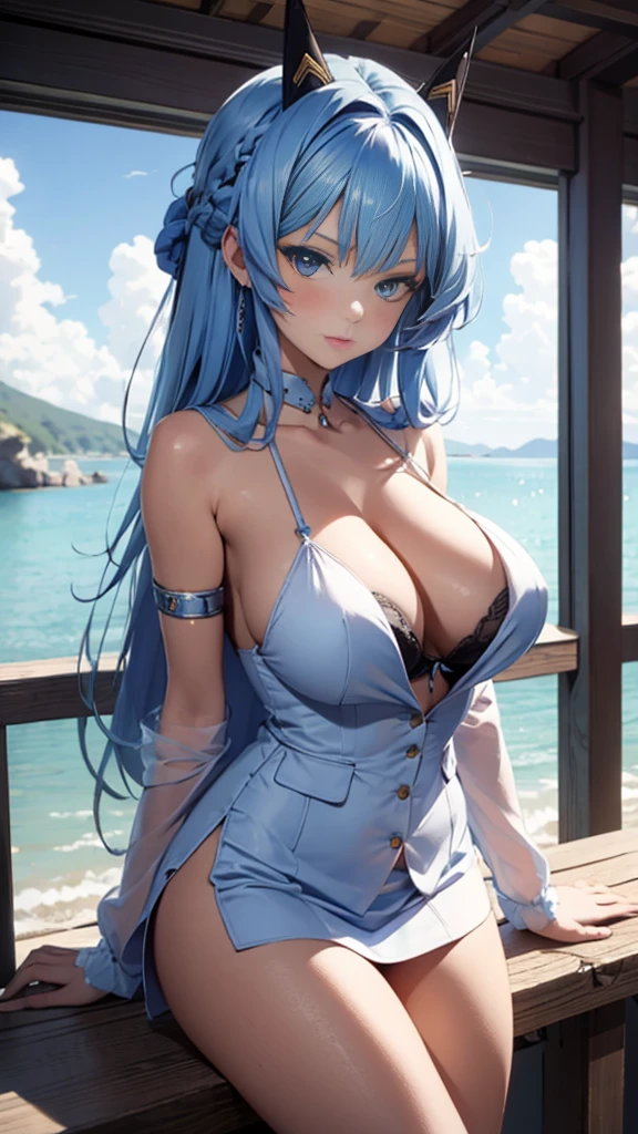 (Enrich the picture,Masterpiece quality)Beautiful 8K CG artwork,Goddess-like pose,sittinng on the river,Postural exercises,Thin and soft,translucent skin,blue hair、The beauty of super long hair, Super Long Straight Hair,The skin is fair and juicy,Big breasts underwear miniskirt,Perspective Part 1.2x enhanced silhouette effect,Delicate transparent blue pattern in pajamas,Intricate and exquisite details,The background is a bit blurry,charming and sexy,Slobber,K cup,blush,japanese goddess,Perfect body slim curves,Scene by the sea,