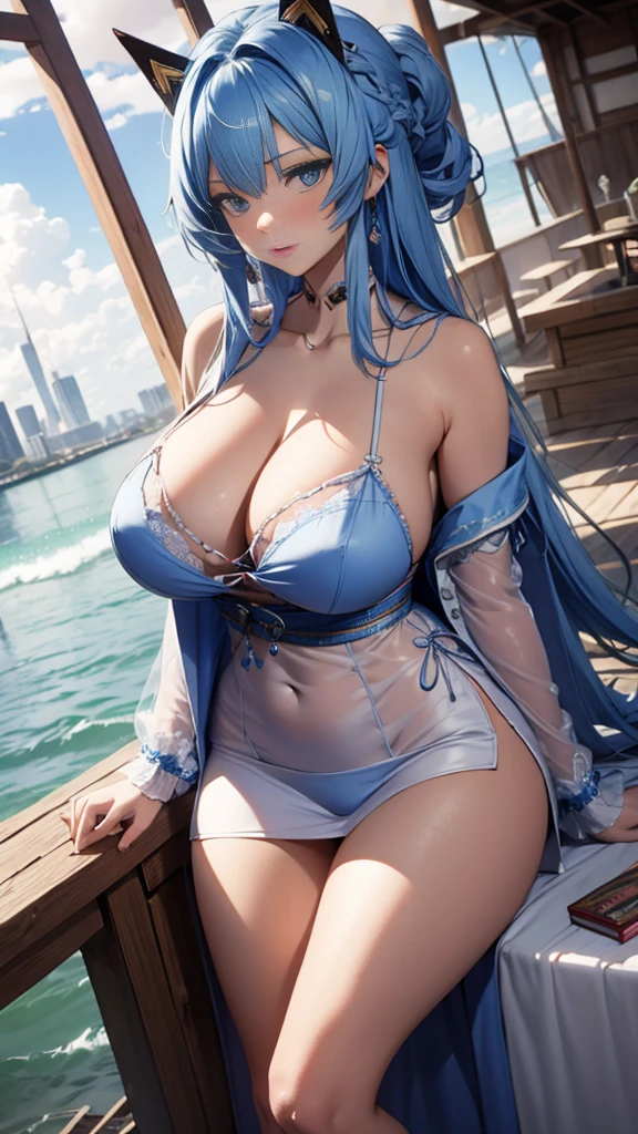 （Enrich the picture，Masterpiece quality）Beautiful 8K CG artwork，Goddess-like pose，sittinng on the river，Postural exercises，Thin and soft，translucent skin，blue hair、The beauty of super long hair, Super Long Straight Hair，The skin is fair and juicy，Big breasts underwear miniskirt，Perspective Part 1.2x enhanced silhouette effect，Delicate transparent blue pattern in pajamas，Intricate and exquisite details，The background is a bit blurry，charming and sexy，Slobber，K cup，blush，japanese goddess，Perfect body slim curves，Scene by the sea，