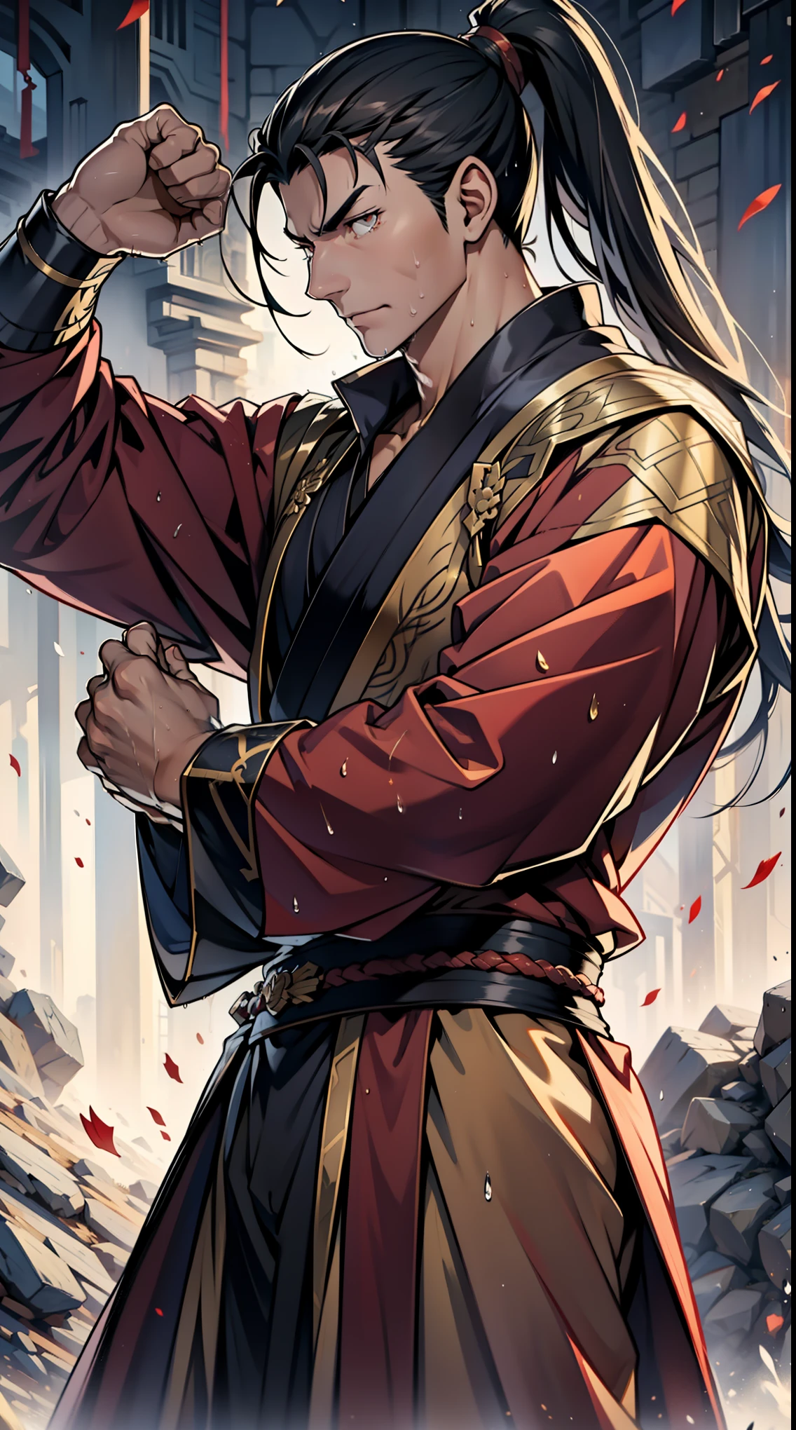 two-dimensional, anime style, man (male warrior), muscle, correct proportions, facial details, martial arts, high ponytail hairstyle,neck detail, with Adam&#39;s apple,, Hanfu costume, black toga, Embroidered robes, Robes, clothing details, collar, long sleeves, Game quality, swordsman demeanor, Ray tracing, Ray tracing, detailed glow, CG rendering, hair details, long black hair, golden eyes,, Handsome, Handsome,, (Youthful feeling), intricate clothing, wet, wet, perfect composition, refine, high quality, more details, many details, complex background, atmosphere,