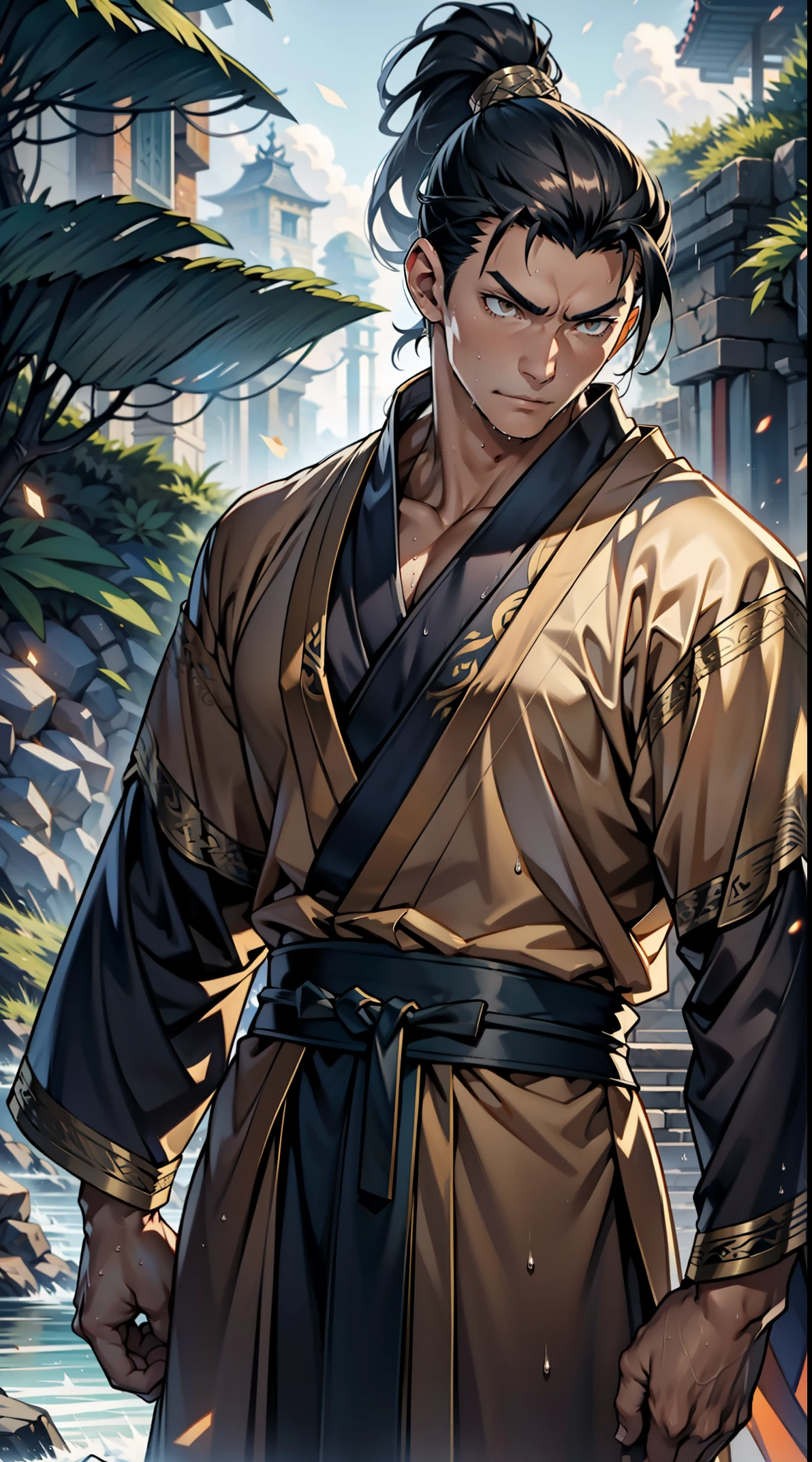 two-dimensional, anime style, man (male warrior), muscle, correct proportions, facial details, martial arts, high ponytail hairstyle,neck detail, with Adam&#39;s apple,, Hanfu costume, black toga, Embroidered robes, Robes, clothing details, collar, long sleeves, Game quality, swordsman demeanor, Ray tracing, Ray tracing, detailed glow, CG rendering, hair details, long black hair, golden eyes,, Handsome, Handsome,, (Youthful feeling), intricate clothing, wet, wet, perfect composition, refine, high quality, more details, many details, complex background, atmosphere,