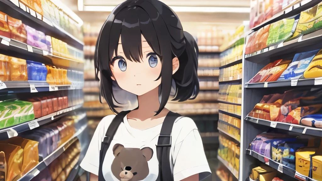 chignon,Inside a convenience store、beautiful、black hair、eyes are big and clear、真面目なwoman、thin and slender、looking at the viewer、woman、wearing a white bear T-shirt、surprised expression