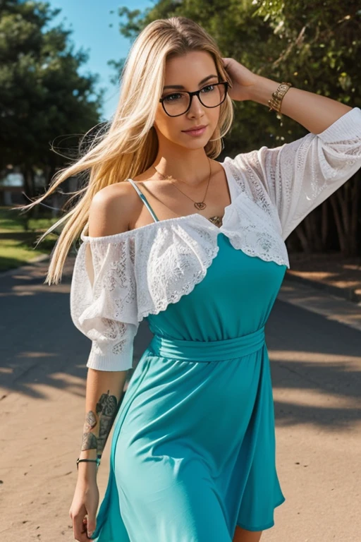 imagine a stunningly beautiful athletic blonde hair woman with sleeve tattoos and large breasts in her 20's wearing glasses and a dress flowing in the wind.