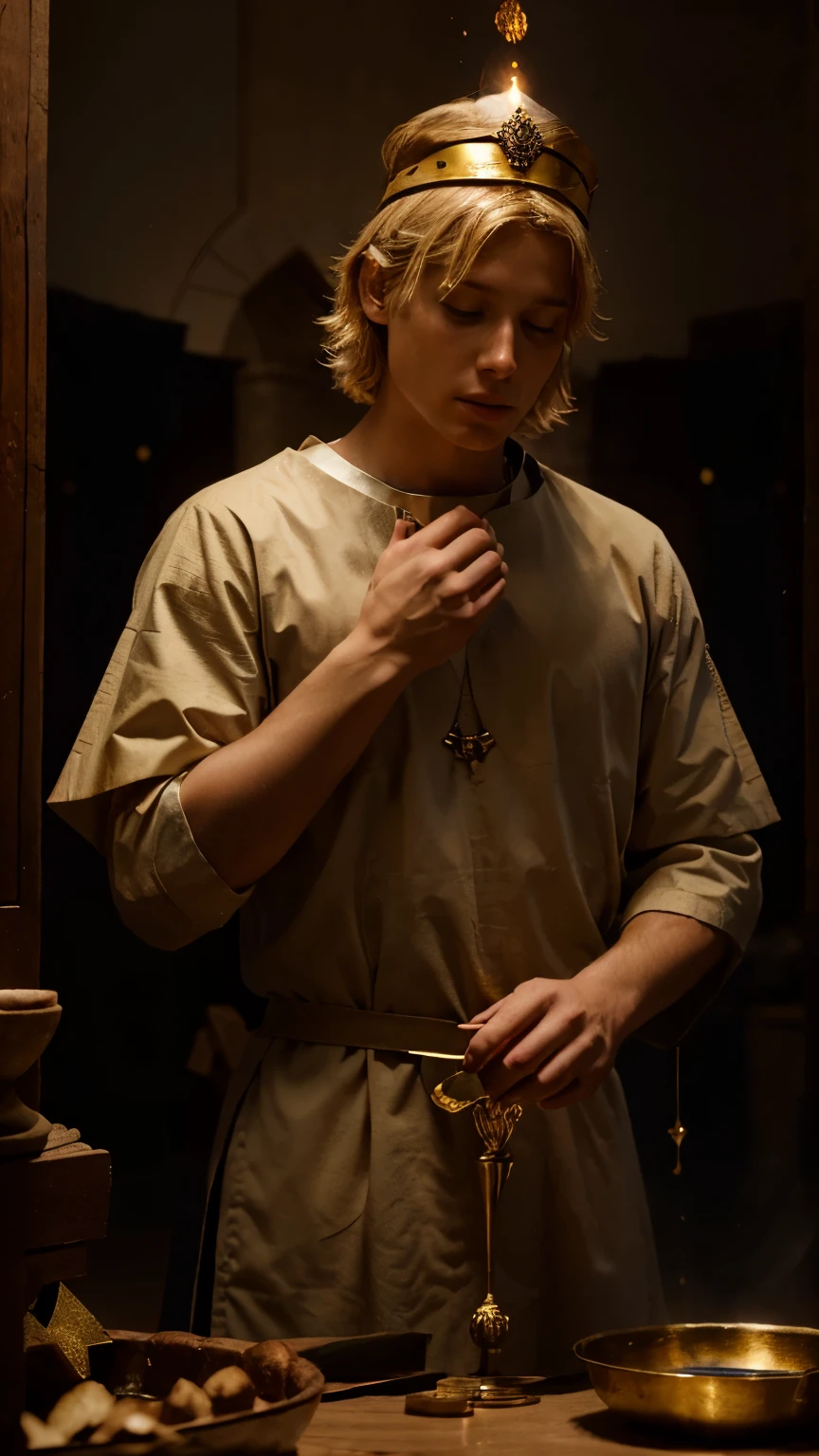 Create a realistic visual representation of David, a young blond shepherd being anointed. Capture details of the ceremony, such as the sacred oil being poured over your head. and being crowned as king