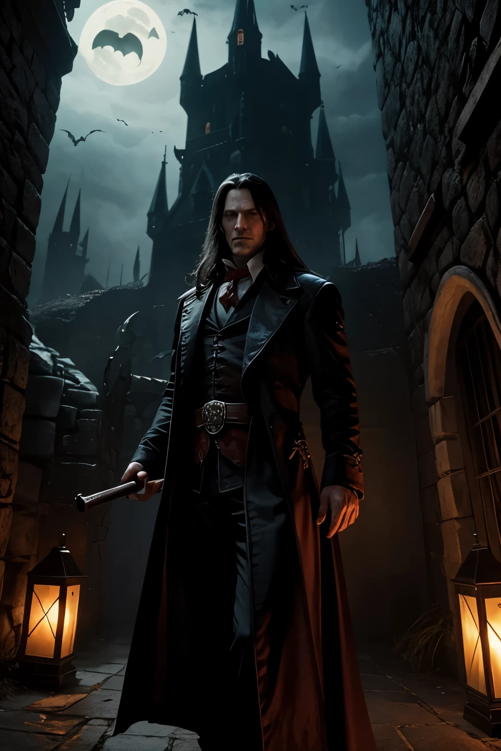 Van Helsing is in Dracula's terrifying castle filled with vampire bats.