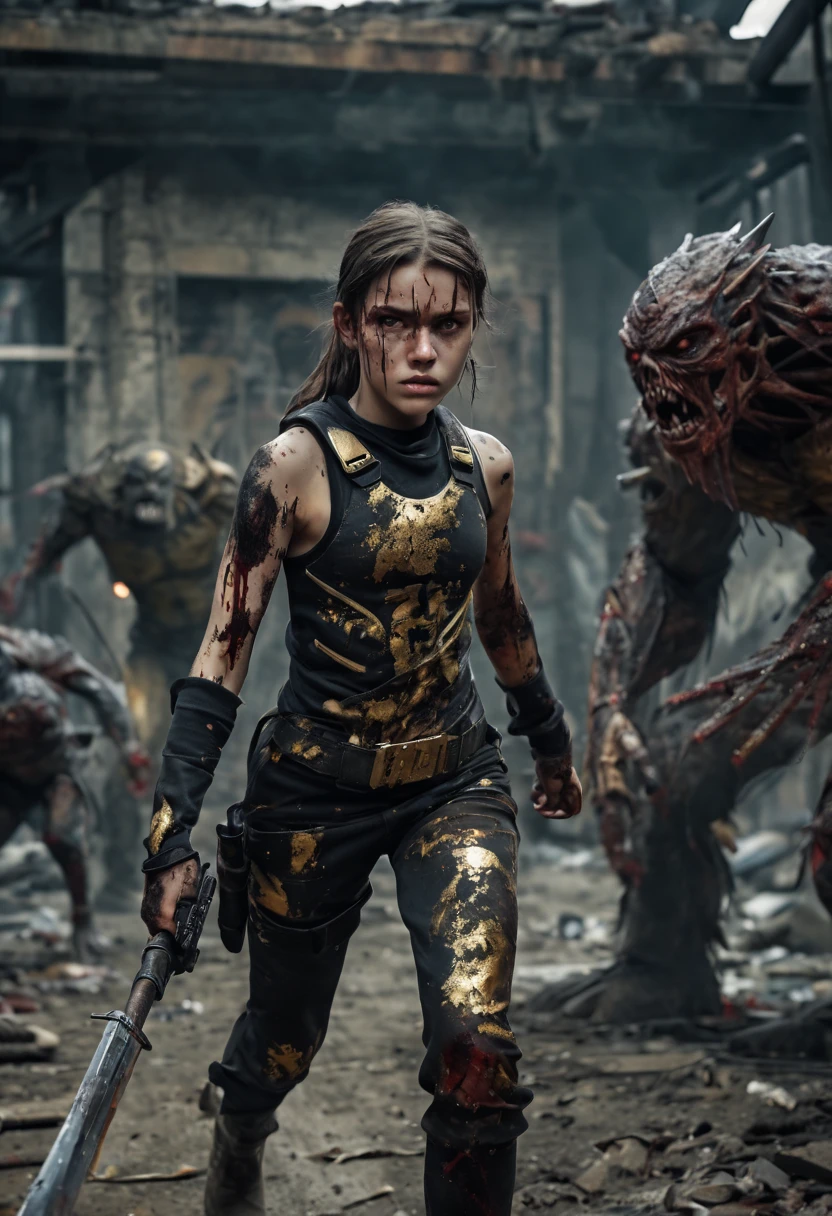 A close up fight scene. A lone 13 year old female vaultgirl warrior, is surrounded by male mutant monsters and is fighting for her life inside apocalyptic ruins.  The monsters are her enemies and are (dark grey) human-mutants with oversized highly veined muscles and rotting flesh and clothes.  The 13 year old VaultGirl is fighting with her gun and spear. She is a Girl warrior with Runic tattoos, 13 years old, SLIM, petite, small girl, long legs short torso type body, ((dirty face Blood splattered)), (wearing full heavy Vaultgirl black and gold vaultsuit, combat harness,), Sci fi move scene. Professionally color graded, professional photography, well drawn, masterpiece, hyper realistic, ultra detailed, high quality, best quality, 4k, 8k, hi resolution
