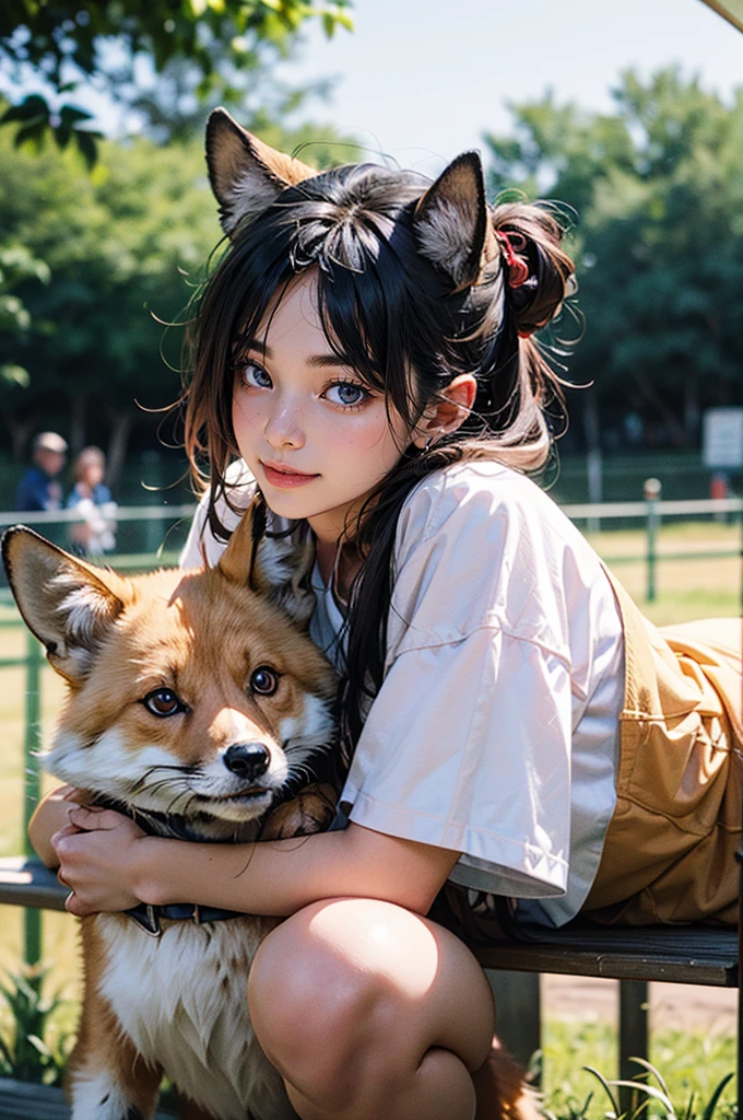 a female zoo administrator, 22yo, feeding fox, Super high saturation, bright and vivid colors, Smile, high details, super detail, highres, (best quality, masterpiece, Representative work, official art, Professional, 8k)