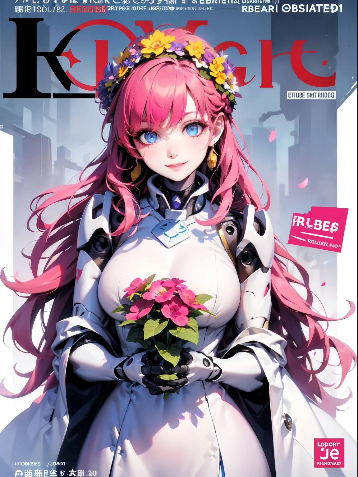 1girl,solo focus, robot girl, humanoid robot,robot joints,blue eyes,pink hair,long hair, (colored skin),large breasts,head wreath, jewelry, white dress, gold trim, sleeveles,upper body,looking at viewer,magazine cover,smile,(flower in hand),holding flower