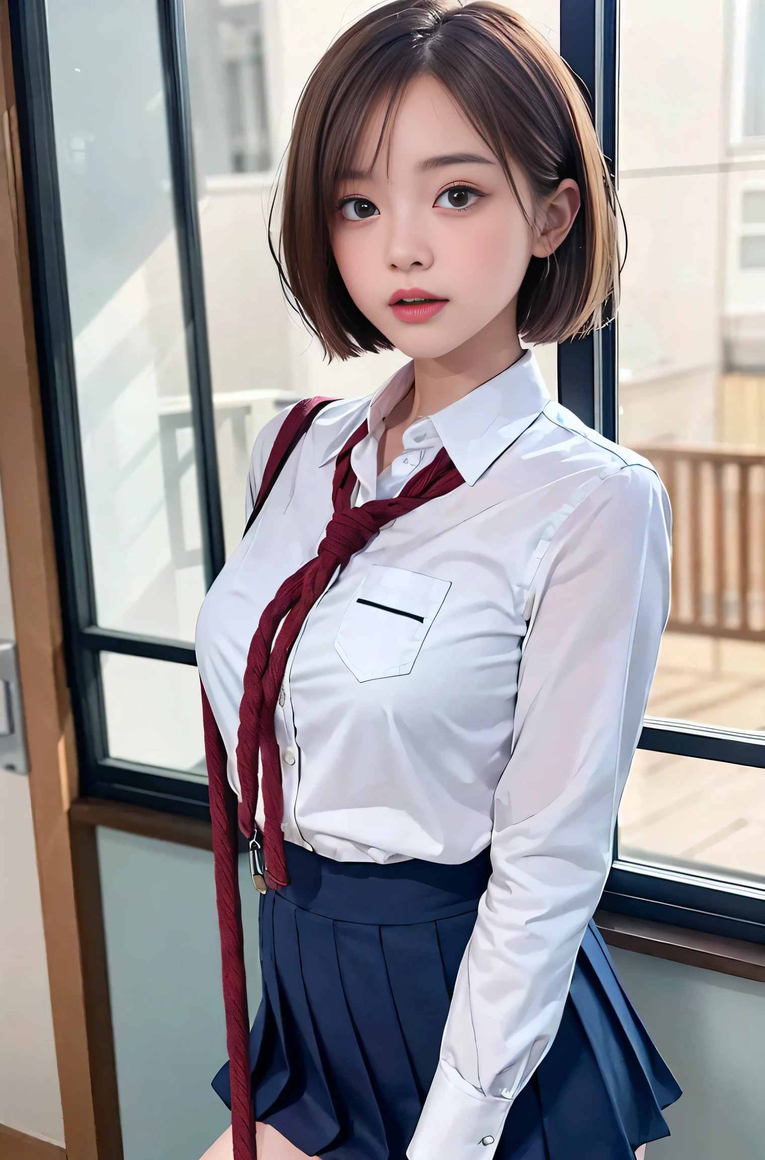 (tied arms, turn your arms behind your back, rope, tied legs:1.2), squat, High resolution, highest quality, figure, Super detailed, (detailed face), (fine eyes), soft lighting, highest quality, very detailed, masterpiece, looking at the viewer, anger, open your mouth, 1 girl, alone, short hair, brown hair, school uniform, skirt, (colorful), Shack, window, night,