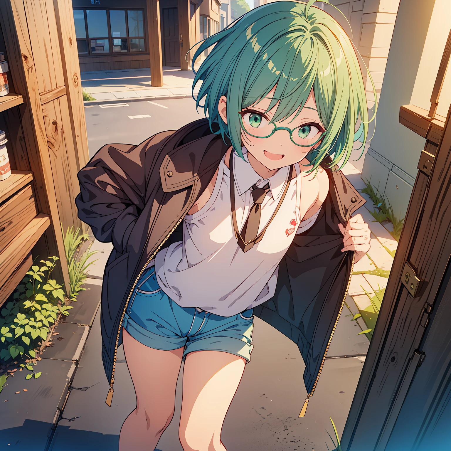 {{{{vulgarity}}}},{{{masterpiece}}}, {{{best quality}}}, {{ultra-detailed}}, {illustration}, {{an extremely delicate and beautiful}}, a boy, juvenile, boy, green hair, short hair, green eyes, Glasses, Plump, messy hairstyle, Ahoge, young, short, In town, Revealing street fashion, smile, baggy coat, hot pants, short hair