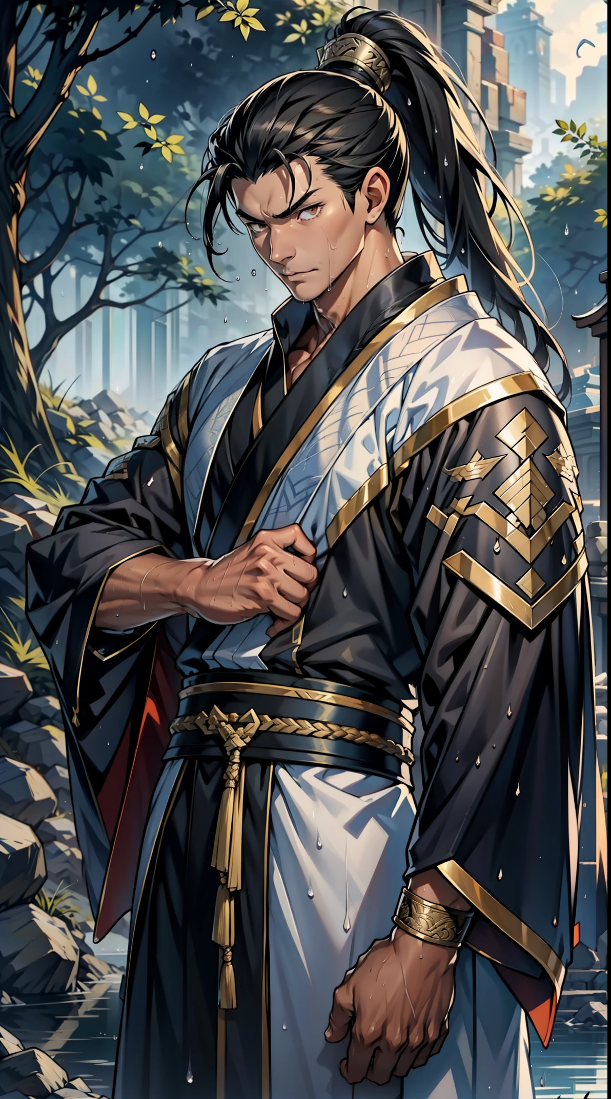 two-dimensional, anime style, man (male warrior), muscle, correct proportions, facial details, martial arts, high ponytail hairstyle,neck detail, with Adam's apple,, Hanfu costume, black toga, Embroidered robes, Robes, clothing details, collar, long sleeves, Game quality, swordsman demeanor, Ray tracing, Ray tracing, detailed glow, CG rendering, hair details, long black hair, golden eyes,, Handsome, Handsome,, (Youthful feeling), intricate clothing, wet, wet, perfect composition, refine, high quality, more details, many details, complex background, atmosphere,