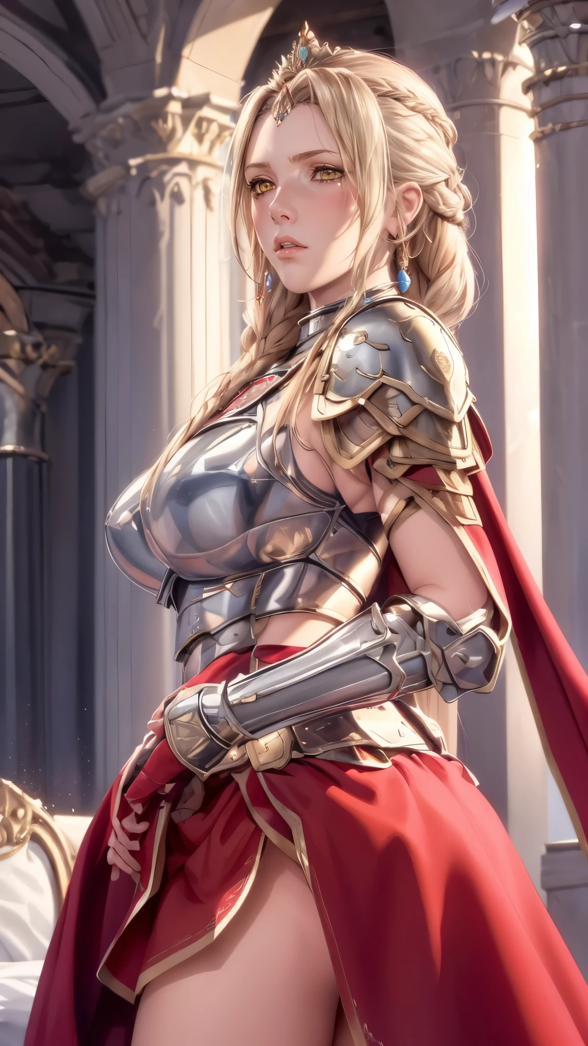 （（（armor,breastplate,red cape,tiara, shoulder armor,red skirt, （（（danya，long hair, blonde hair,braid,pauldorns,yellow eyes, open eyes, ））），（（（wide hips））），S-shaped body:1.7））），((masterpiece)),high resolution, ((Best quality at best))，masterpiece，quality，Best quality，（（（ Exquisite facial features，looking at the audience,There is light in the eyes，blush，shy ））），（（（Light and shadow interlace，huge ））），（（（from below，look up，plump butt）））