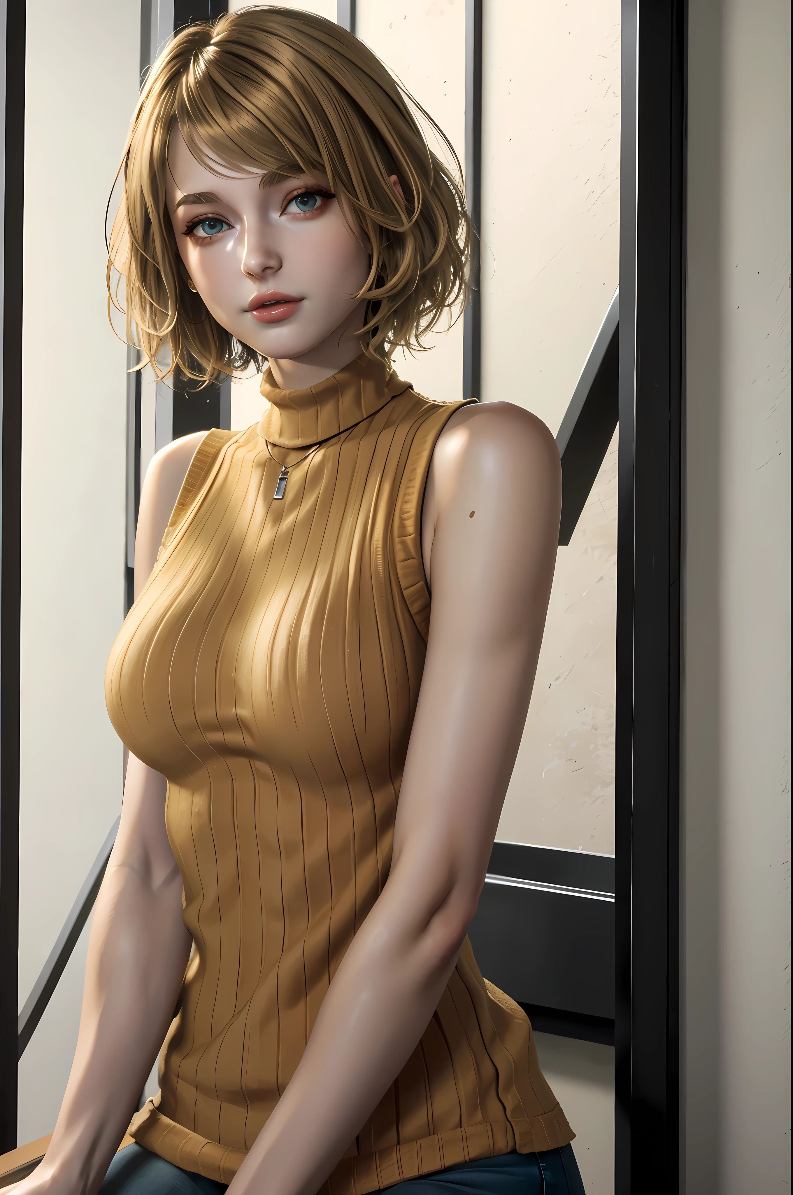 ((((masterpiece, best quality, high resolution)))), Extremely detailed 8K, Beautiful girl with voluptuous body, (Ultra HD, Ultra-detailed, Highly detailed, Highly realistic, Ultra-realistic, photograph realistic), (1girl:1.5), (Realistic blonde hair), (short silky hair, hair ornaments, earrings), (dynamic poses), facing at camera, looking at viewer, (blushing red, embarrassed, exhausted), (green eyes, sharp eyes), (medium perky breasts:1.3), (wide hips:1.2), (beautiful detailed face, beautiful detailed eyes), ((beige sleeveless sweater, green skirt)), (detail pussy), (standing up), sweat, glow, (nightlight), ((cowboy shot)), jazz bar, seductive, (toned muscle)