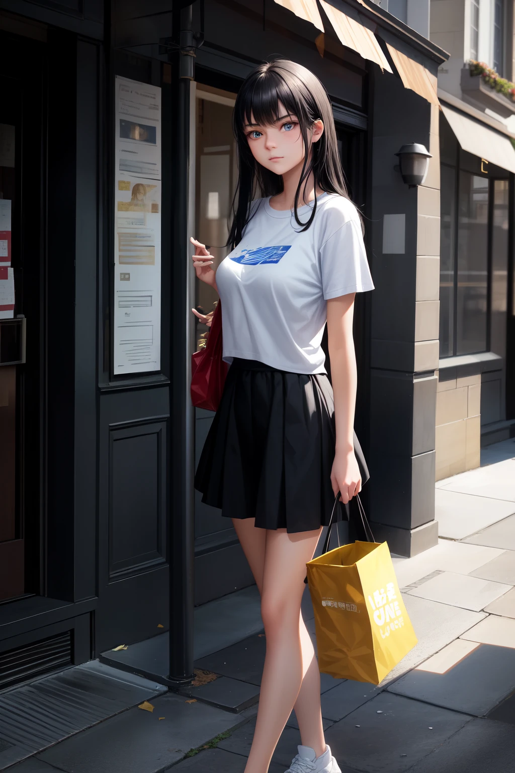 One black-haired girl with cold, blue eyes stood before the imposing University Doors, her expression unfazed as a delivery man with sun-kissed skin and a yellow t-shirt attempted to hand her a package. The brunette girl, clad in a casual outfit, threw away his hand with a dismissive shrug and turned around to leave. In the background, the grand university doors loomed, casting long shadows over the scene, adding an air of importance and nostalgia to this master painting of a young woman's determination and independence.