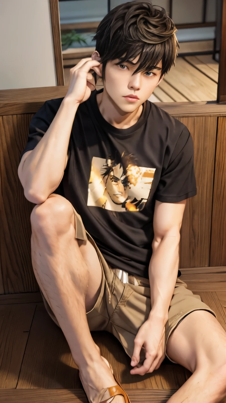 ((super sharp focus)), (((hairy legs))), hairy legs, toned legs, whole body, two block, Messy short hair, long legs, Japan male, 27 years old, wearing beige shorts, wearing a black T-shirt, very short hair, black hair