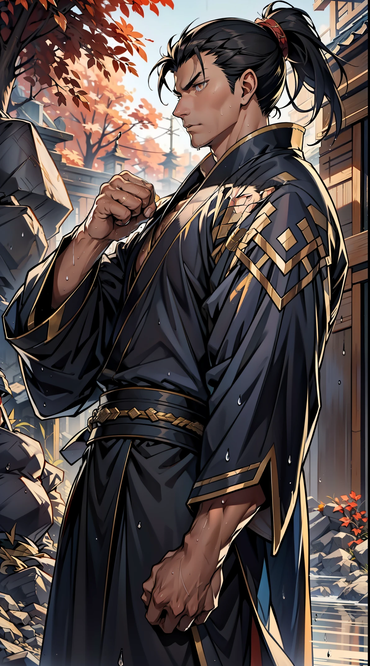 two-dimensional, anime style, man (male warrior), muscle, correct proportions, facial details, martial arts, high ponytail hairstyle,neck detail, with Adam's apple,, Hanfu costume, black toga, Embroidered robes, Robes, clothing details, collar, long sleeves, Game quality, swordsman demeanor, Ray tracing, Ray tracing, detailed glow, CG rendering, hair details, long black hair, golden eyes,, Handsome, Handsome,, (Youthful feeling), intricate clothing, wet, wet, perfect composition, refine, high quality, more details, many details, complex background, atmosphere,