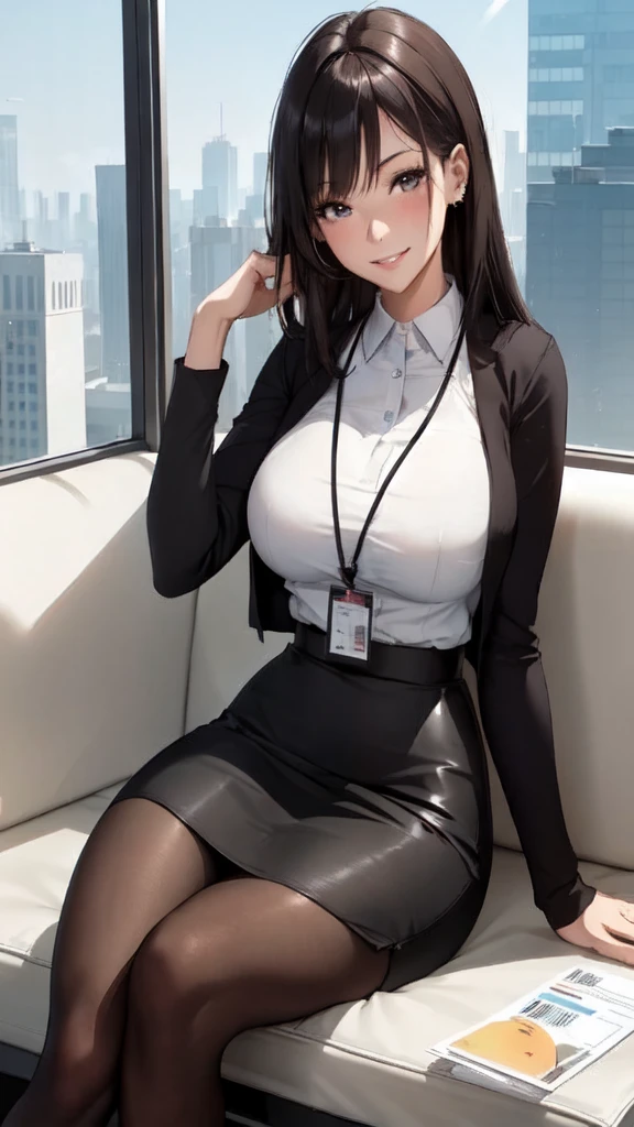 1 Lady single office worker, Sit in a swivel chair, /(casual shirt pencil skirt/) /(brown pantyhose/) /(ID card lanyard/), /(black hair/) Bangs, Blushing kind smile, (Masterpiece best quality:1.2) Super detailed, Big breasts with arms downBREAK /(Modern office interior/) Window skyscrapers