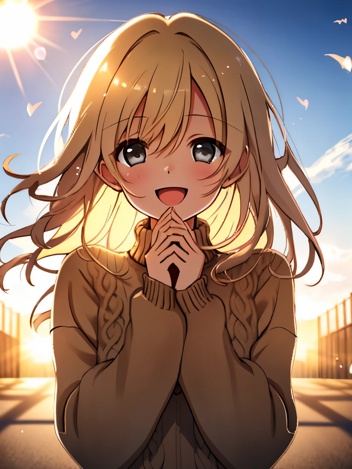 girl, cozy sweater, Upper body, (great laugh:1.1), (open your mouth:1.1), (wide open eyes:1.2), glare of the sun, Bokeh, Depth of bounds written, blurred background, particles of light, strong wind, (heart particles:1.1),naked