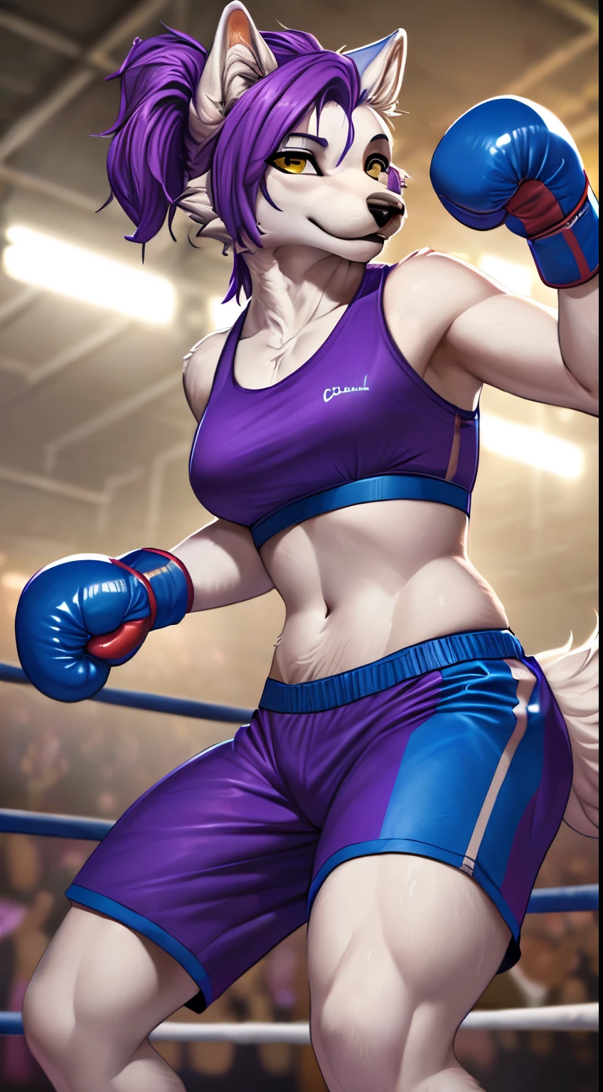 masterpiece, Best quality, arrogant wolf with white fur, purple hair, wearing purple boxing gloves, standing in the boxing ring 