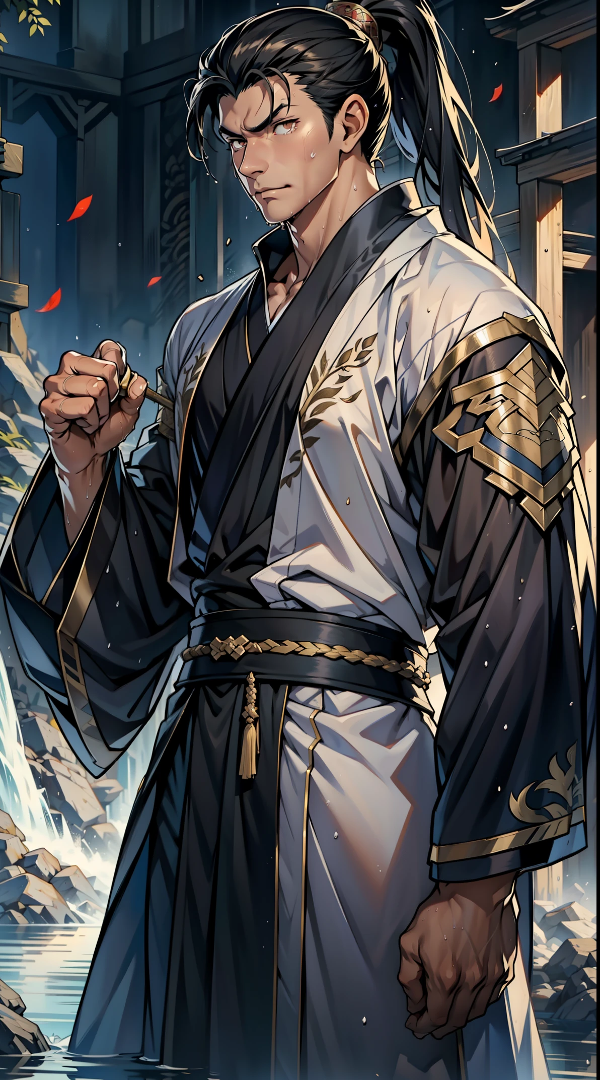 two-dimensional, anime style, man (male warrior), muscle, correct proportions, facial details, martial arts, high ponytail hairstyle,neck detail, with Adam's apple,, Hanfu costume, black toga, Embroidered robes, Robes, clothing details, collar, long sleeves, Game quality, swordsman demeanor, Ray tracing, Ray tracing, detailed glow, CG rendering, hair details, long black hair, golden eyes,, Handsome, Handsome,, (Youthful feeling), intricate clothing, wet, wet, perfect composition, refine, high quality, more details, many details, complex background, atmosphere,