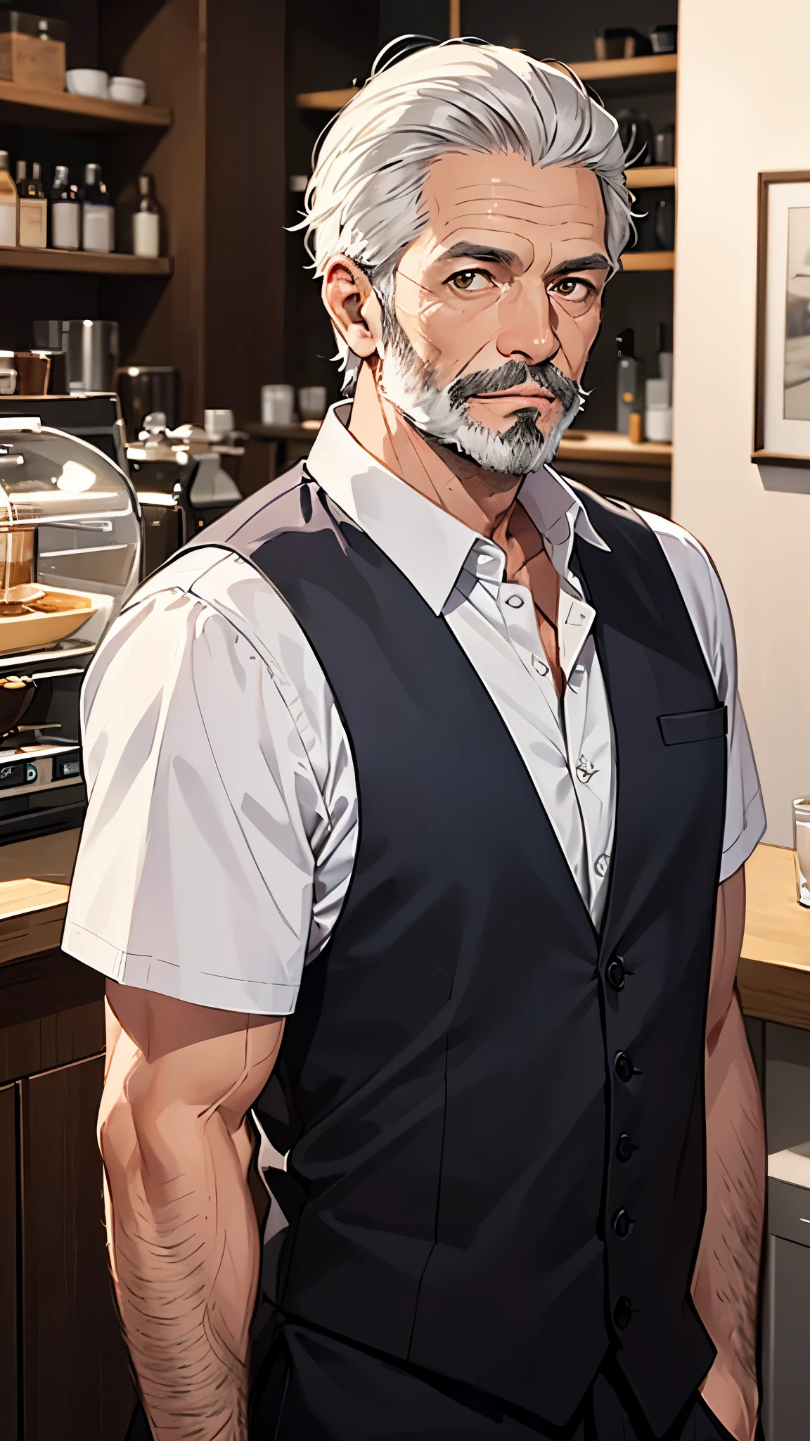 male, uncle, 50th generation, 50 years old, First old age, Wrinkle, Gray hair mixed, Groomed beard, Little beard, Cafe, master (upper body shot:1.5), masterpiece, best quality, super fine illustration, highres