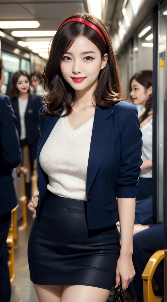 (((full body,including legs)))、(((オフィスレディ、OL、office lady、通勤中、little smile,formal clothes,navy  knit、v-neck knit、thin knit、navy tight jacket)))、(((horseshoe-shaped hairband)))、formal ,high heel、Dressed up、(Photo real:1.4)、(A hyper-realistic:1.4)、(Photorealistic:1.3)、 (gentle lighting: 1.05)、(Improve the lighting quality of your video:0.9)、32k、 1Girl、28years old girl、photorealistic lighting、Back lighting、Facial Lights、Ray Trace、(bright:1.2)、(Increase quality:1.4)、 (best quality real texture skin)、Fair eyes,Delicate and delicate face, Close-up of the face, navy knit,very tight knit,v-neck knit、navy pencil skirt ,navy tight skirt, (Bodyline mood improvement:1.1)、Glossy skin、(wavy hair,blonde hair),韓国アイドル、乃木坂アイドル、Sculptural Idol Pose、little smile,blush,red cheek,Beautiful actress、Neat woman,whole body, (((large breasts))),(perfect row of teeth),slender waist and hip,beautiful long legs、blonde hair,(full shot)、((8heads tall)、(((誘惑している、恥ずかしい)))、dynamic pose,gravure pose,(thick eyeliner,eye shadow),((red cheek、red lips)),Super Clean Night View、night time、blush,little smile,(((full shot)))、a little open the legs、(((in the crowded night train)))